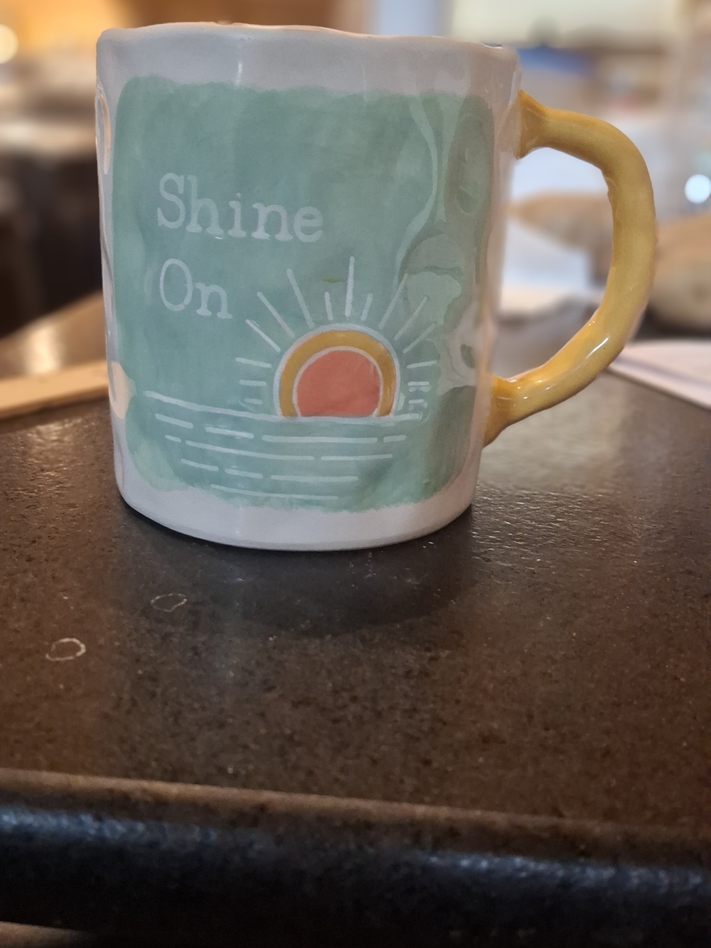 Tag 'Shine On' Ceramic Mug - Mint Green Panel with Yellow Handle